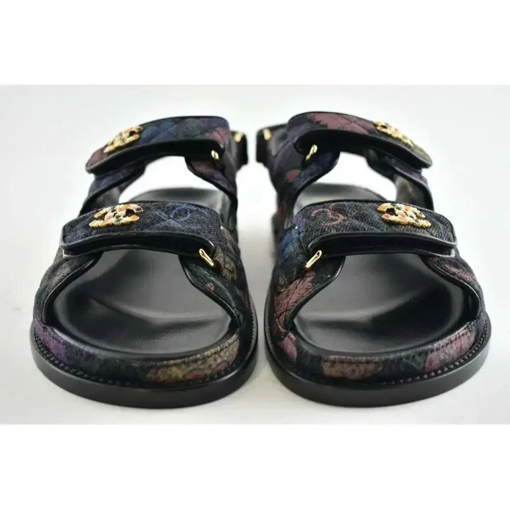 Chanel 21A Black Denim Graffiti CC Logo Mule Slide Strap Flat Teva Dad Sandal 39 - Picture 6 of 11